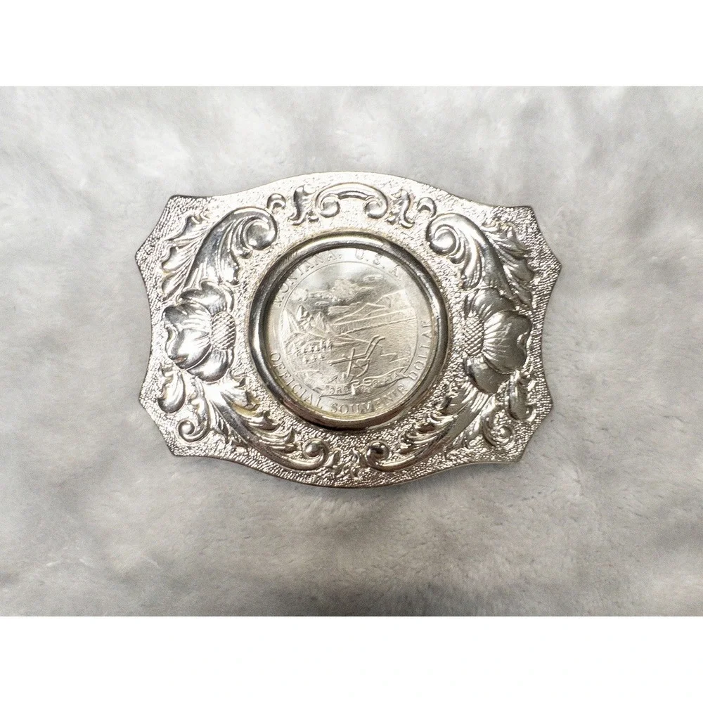 Silver Western Belt Buckle With Montana State Anniversary Dollar Coin